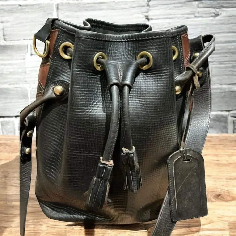 Vintage Dooney & Bourke USA Leather Feed Bag Drawstring Shoulder Purse Black